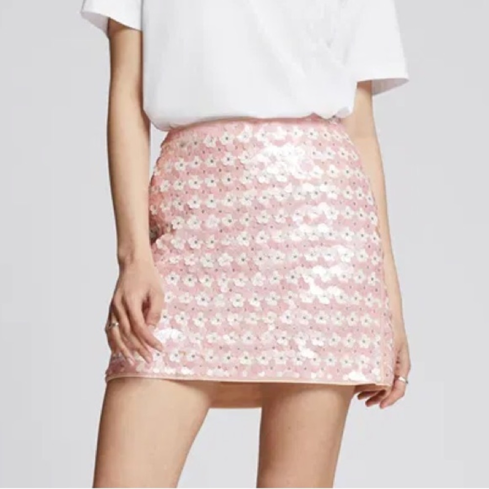 & other stories high waist height pink sequin floral skirt size 10